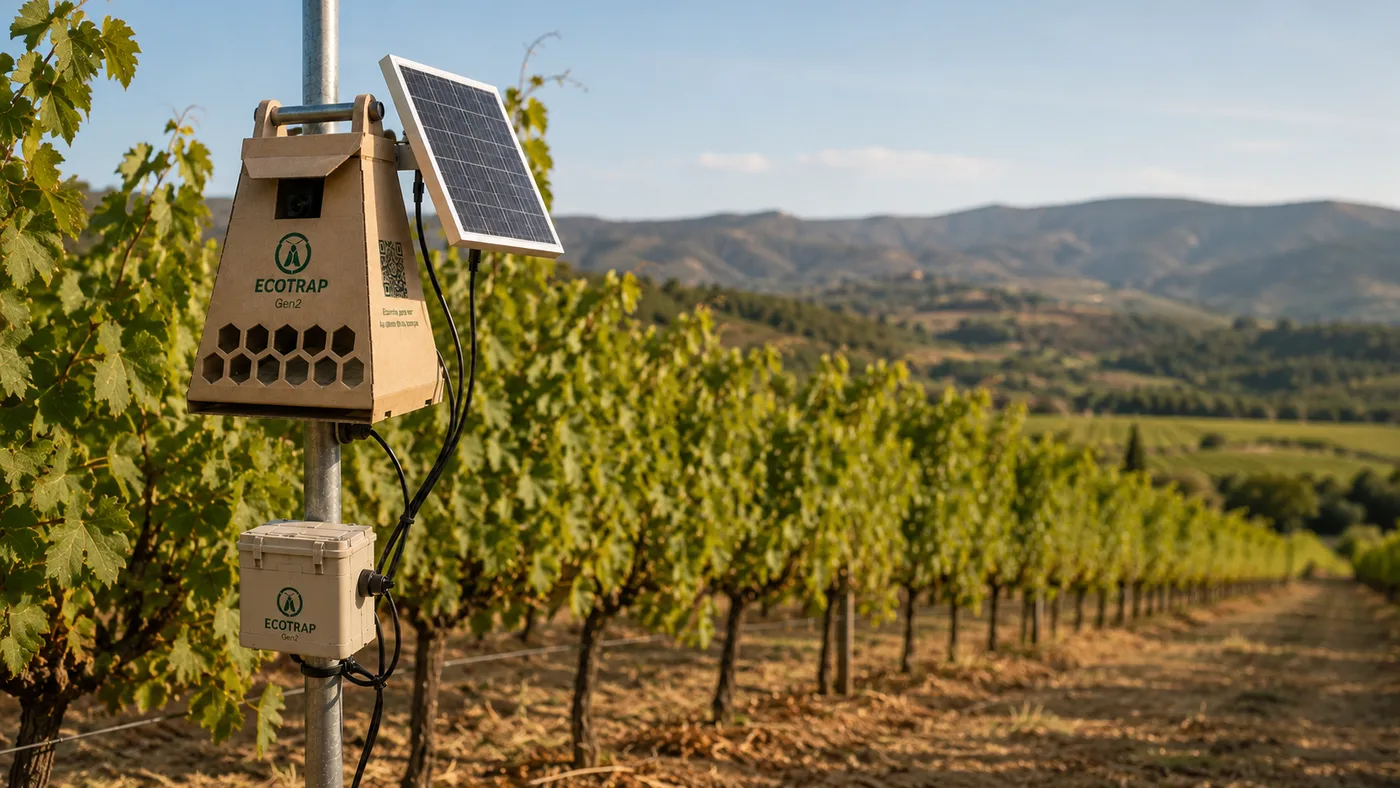 Trampa ECOTRAP instalada en un viñedo mediterráneo