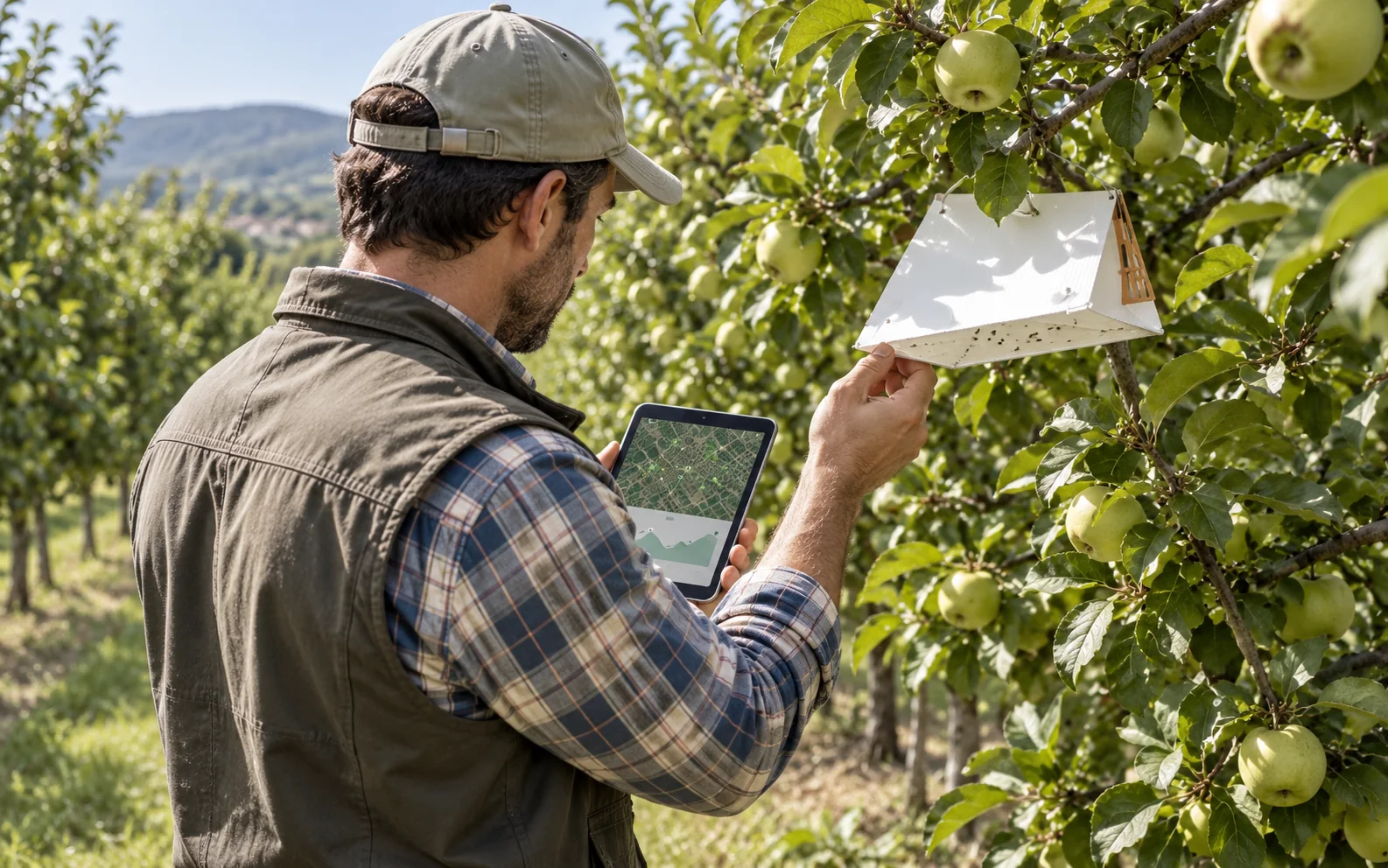 Técnico revisando una trampa ECOTRAP instalada en campo con el apoyo de un dispositivo móvil