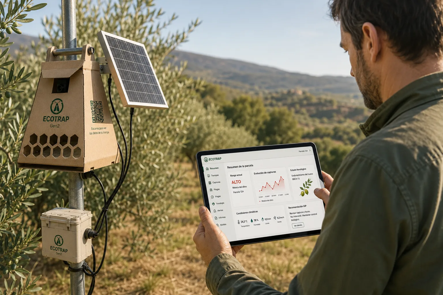 Agricultor consultando la app ECOTRAP con el riesgo de mosca del olivo en un olivar mediterráneo
