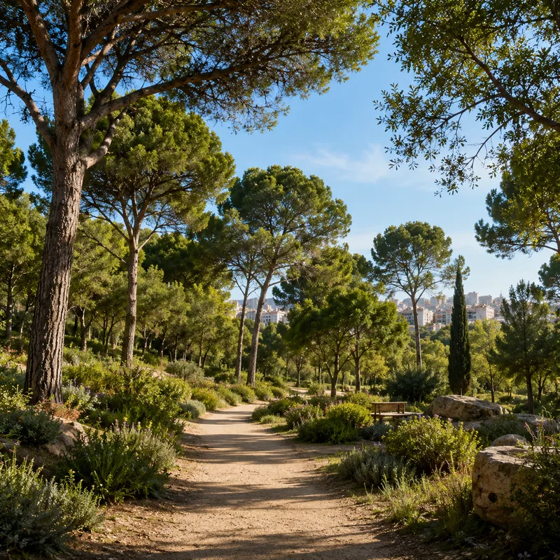 Sendero de un parque urbano mediterráneo con pinos, vegetación autóctona y silueta de ciudad al fondo